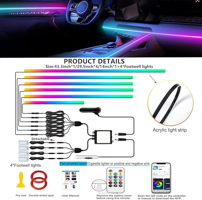 Acrylic Interior Car LED Strip Light with APP Remote Control,175 inches 10 in 1 RGB Dreamcolor Neon Strip Fiber Optic LED Ambient Lighting Kits,RGB Music Lights Sync for Inside car Decorations