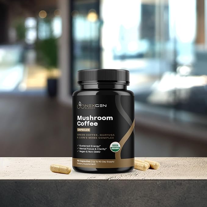 100% Organic Mushroom Coffee Capsules - Natural Energy Supplement with 130mg Caffeine from Clinically Proven Patented Green Coffee Bean & Guayusa Extracts for Jitter-Free Energy & Focus (90 Servings)