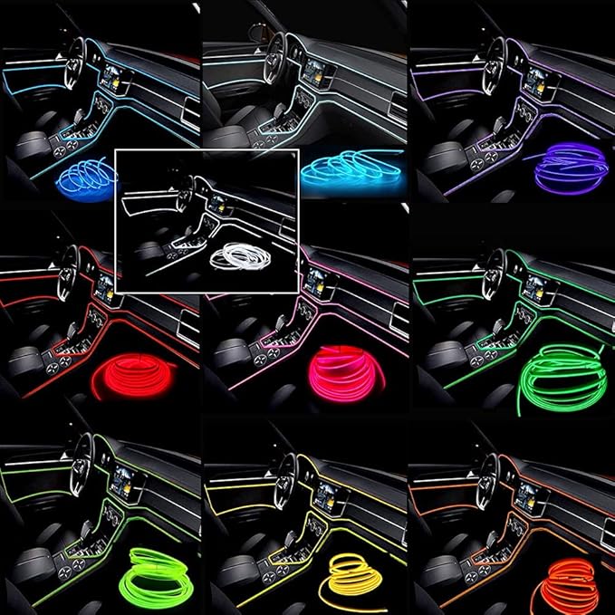 MaxLax Lemon Green LED Neon Car Interior Lighting Strip - 3m Flexible 12V EL Wire with Built-in Fuse Protection for Automotive Interior Customization, Featuring 6mm Sewing Trim for Easy Installation.