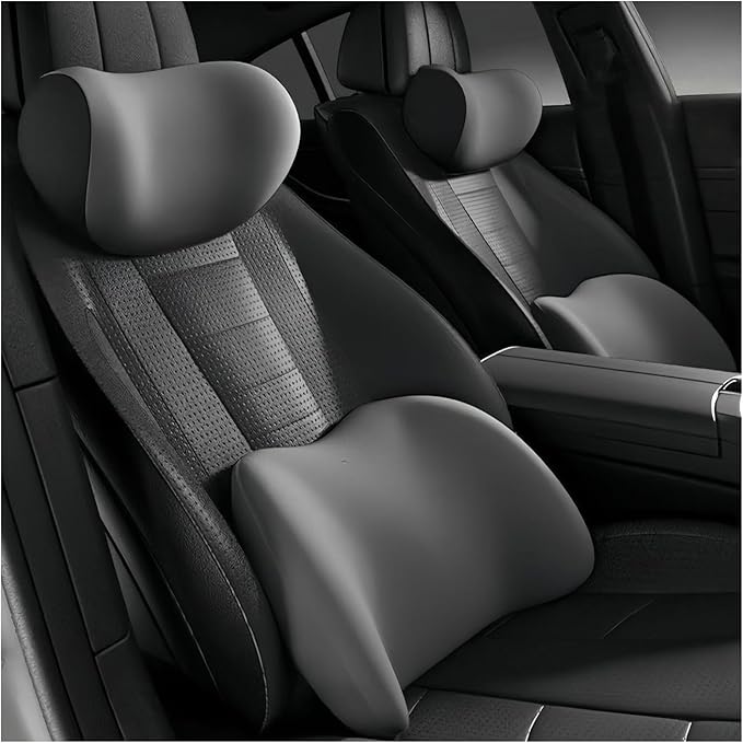 Car Lumbar Support Pillow and Car Neck Pillow Kit for Mitsubishi Eclipse 2000-2008 2009 2010 2011, Car Seat Neck Back Rest Pillows, Ergonomic Car Seat Headrest & Lumbar Cushion,B Grey