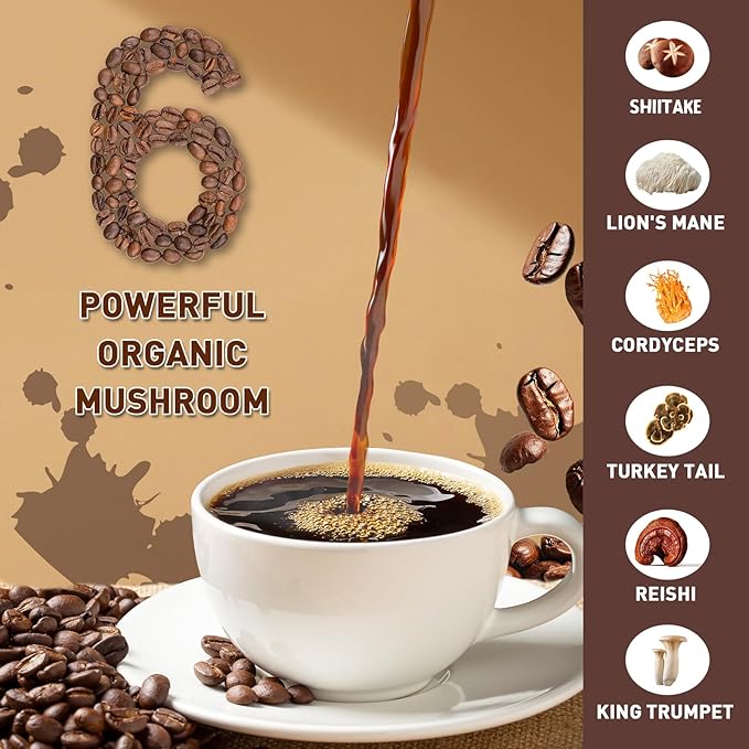 Mushroom Coffee Organic | Enhanced Focus, Boosted Immunity, Improved Energy | 6 Adaptogenic Mushrooms: Cordyceps, Reishi, King Trumpet, Shiitake, Lion's Mane & Turkey Tail | 2 Pack