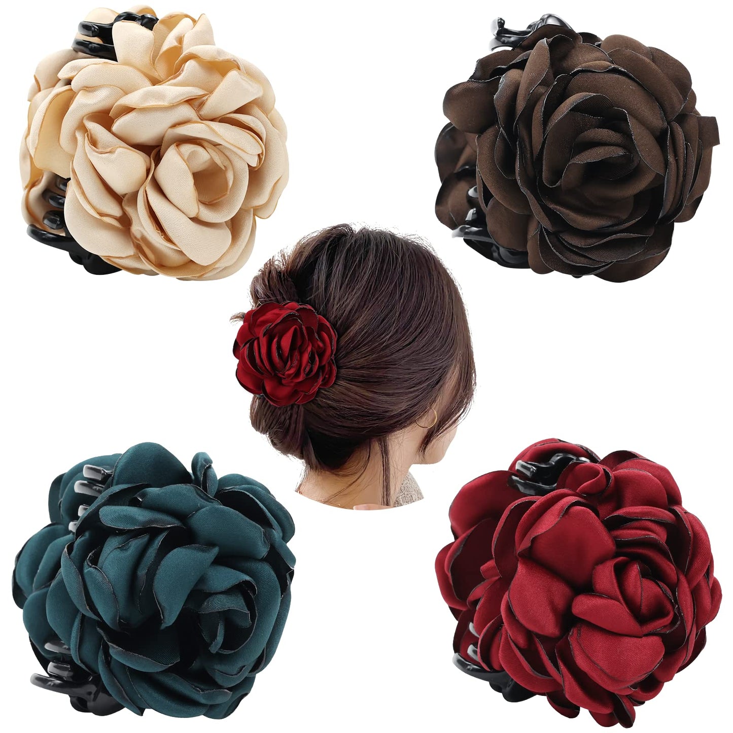 Dizila 4 Pack Solid Rose Floral Flower Hair Claws Clips Clamps Hairpins Hair Bun Updo Holders Accessories For Women Girls