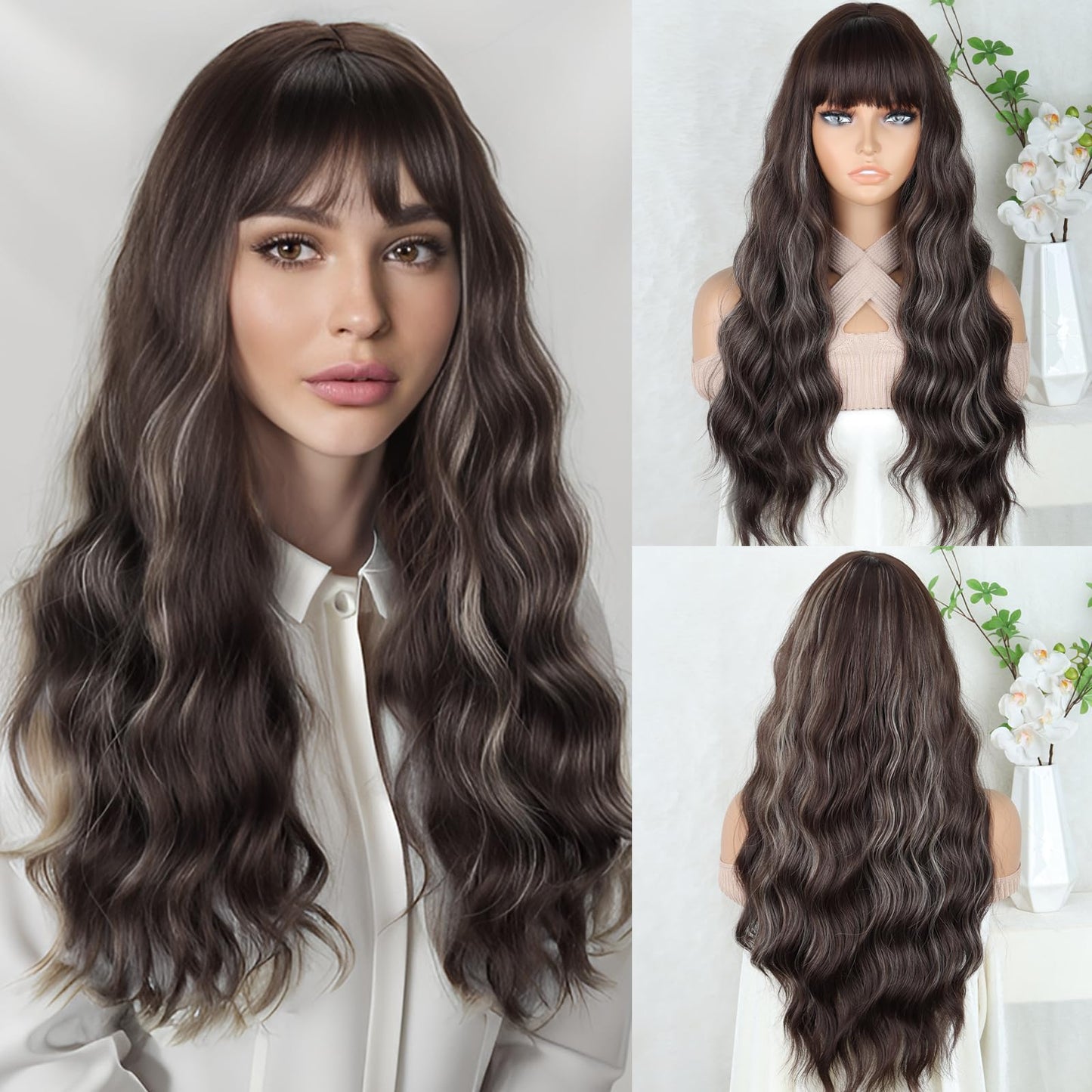 Merisihair Long Brown Wavy Wigs With Bangs For Women 26Inch Brown Mixed Blonde Curly Wavy Wig Natural Looking Synthetic Heat Res