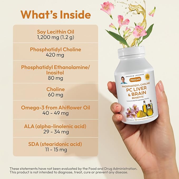 ANDREW LESSMAN PC Liver and Brain Benefits 60 Softgels - Phosphatidyl Choline, Most Important Building Block for Healthy Liver and Brain Structure, Function. No Additives. Easy to Swallow Softgels