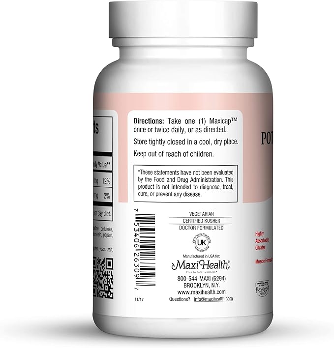 Maxi Health Potassium Magnesium - Energy Support - Heart & Muscle Formula - 90 Capsules - Kosher (Pot)