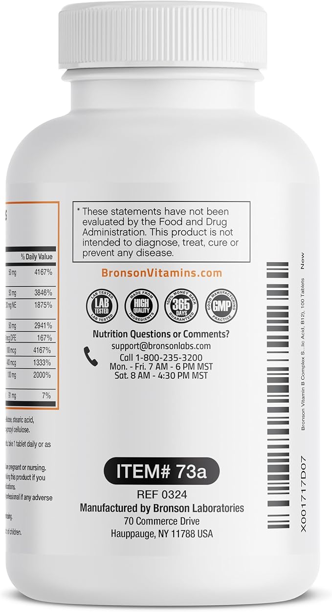Bronson Super B Vitamin B Complex Sustained Slow Release (Vitamin B1, B2, B3, B6, B9 - Folic Acid, B12) Contains All B Vitamins 100 Tablets