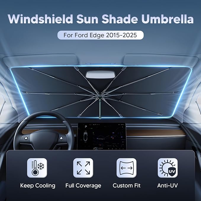 Autorder Windshield Sun Shade Umbrella for 2015-2025 Ford Edge Accessories,Upgraded Ice Crystal Material,Easy Setup Umbrella Sunshade for Car Windshield,100% Sun Blocking