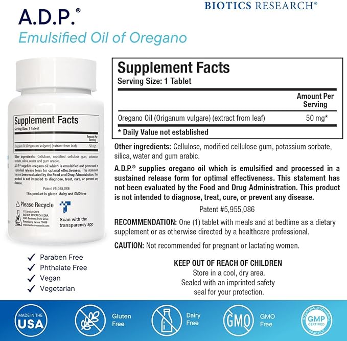 Biotics Research A.D.P.- Emulsified Oil of Oregano -Patented Formula, Wild Oregano Oil –50mg/S- Highly Concentrated Carvacrol - Sustained Release for High Absorption, GI Health –60 Tablets