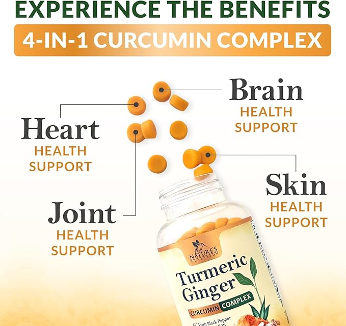 Turmeric Gummies with Black Pepper & Ginger for Best Absorption, 95% Curcuminoids Tumeric Curcumin Gummy, Nature's Herbal Extract Joint Support Supplement, Vegan Non-GMO, Peach Flavor - 60 Gummies