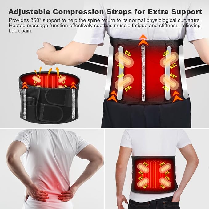 Cordless Heating Pad Back Massager Brace for Lower Back Pain Relief, Heated Back Brace Vibration Wrap with Rechargeable Battery, Heating Lumbar Support Belt with Massage for Cramps (M)