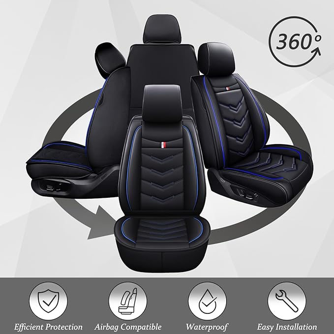 Car Seat Cover 6 Seats for Ford Explorer 2000-2026, Waterproof Durable Compatible Airbag, Premium Leather Seat Protector(6 Seats Standard,Black Blue)
