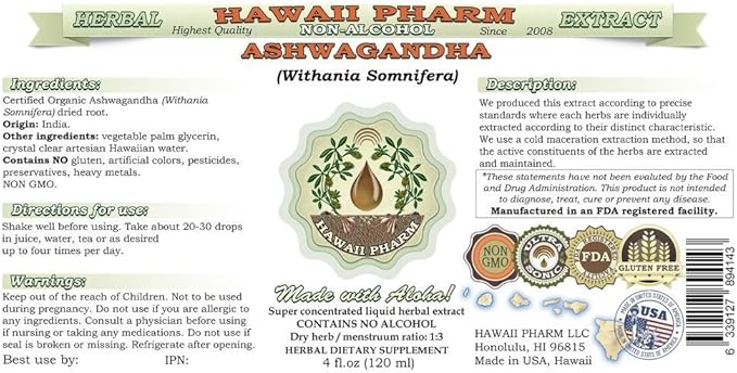 Ashwagandha Alcohol-Free Liquid Extract, Organic Ashwagandha (Withania Somnifera) Dried Root Glycerite Hawaii Pharm Natural Herbal Supplement 2x32 oz Unfiltered