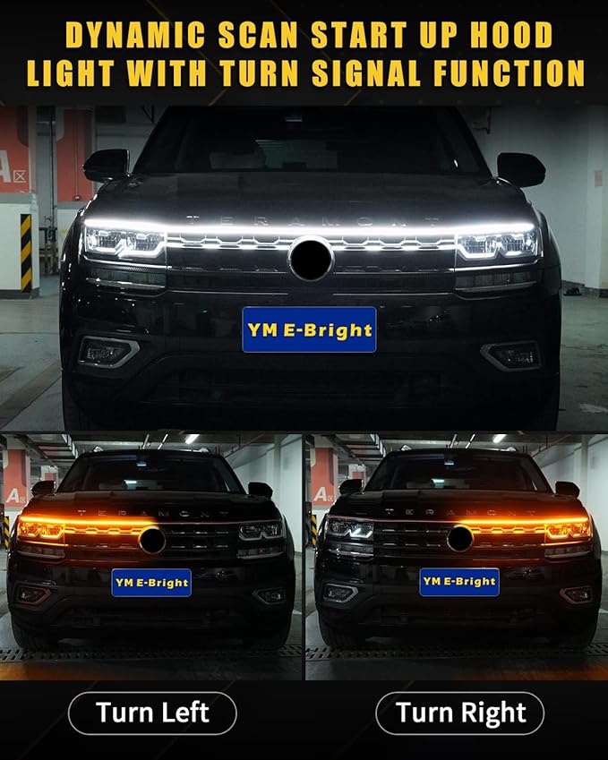 Dynamic Scan Start Up Hood Light Strip Sequential Flowing Turn Signal Lights Flexible DRL Daytime Running Light Car Led Light Strip Exterior,Dual Color Amber White Switchback 12V 70inch (1 Set)