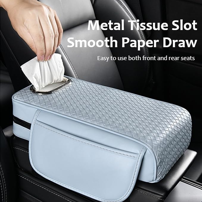 Car Armrest Cushion Cover Car Center Console Memory Foam Booster Pad with Storage Pocket and Tissue Hole for Sedan Vehicle (Blue, 12.99 * 7.09 * 2.95'' / 33 * 18 * 7.5 cm)