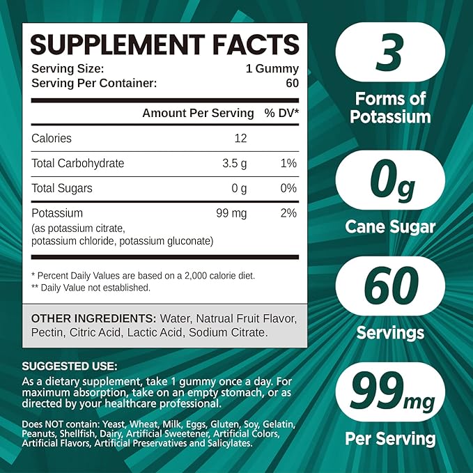 Potassium 3 in 1 Complex Gummies Sugar Free, New Formula with 99mg Potassium Citrate, Potassium Chloride, Potassium Gluconate, Leg Cramps & Muscle Supplements, 120 Chewables