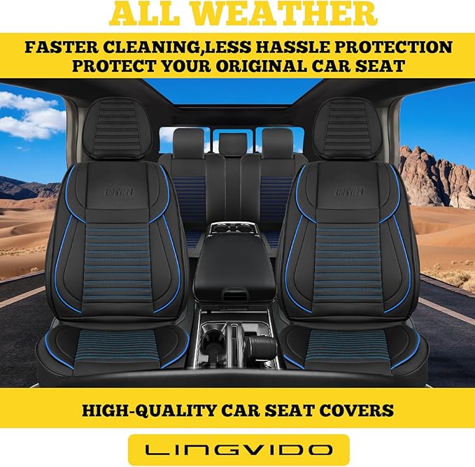 LINGVIDO Front Car Seat Covers, Faux Nappa Leather, Airbag Compatible and Waterproof Protectors for Sedans SUVs, Breathable Anti-Slip Interior for Commuters and Rideshare, Black/Blue