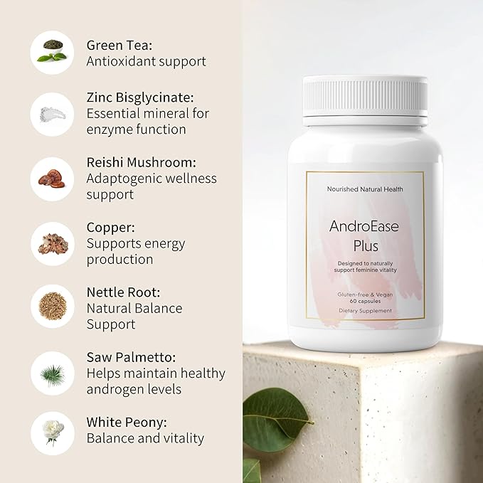 Nourished AndroEase Plus - Natural Balance Supplement for Women - Vegan Formula with Zinc & Saw Palmetto - 60 Capsules for Daily Wellness & Vitality - Made in USA