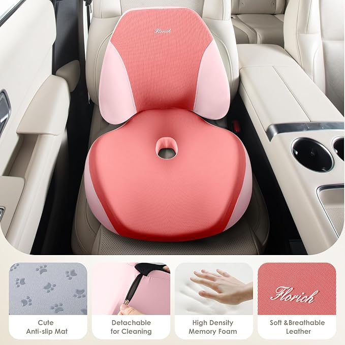 FLORICH Lumbar Support Pillow and Car Seat Cushion for Driving Car Office Chair, Memory Foam Back Support Pillow and Office Seat Chair Cushion for Sciatica Pain Relief - Pink