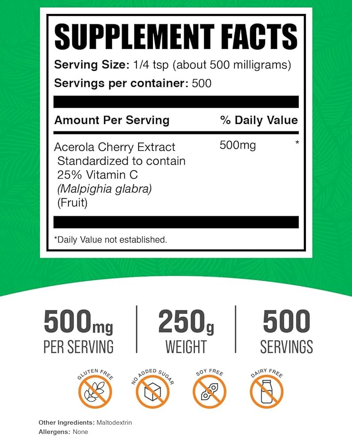 BulkSupplements.com Acerola Cherry Extract Powder - Natural Vitamin C Supplement, Acerola Cherry Powder - Vegan & Gluten Free, 500mg per Serving, 250g (8.8 oz) (Pack of 1)
