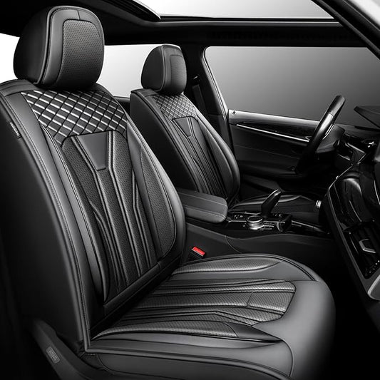 Fit Juke Car Seat Covers Compatible with Nissan Juke 2012-2015 2016 - Premium Leather， Waterproof Breathable， All-Weather Seat Cushion Protecto&Airbag Compatible (2 Front Seat All Black)