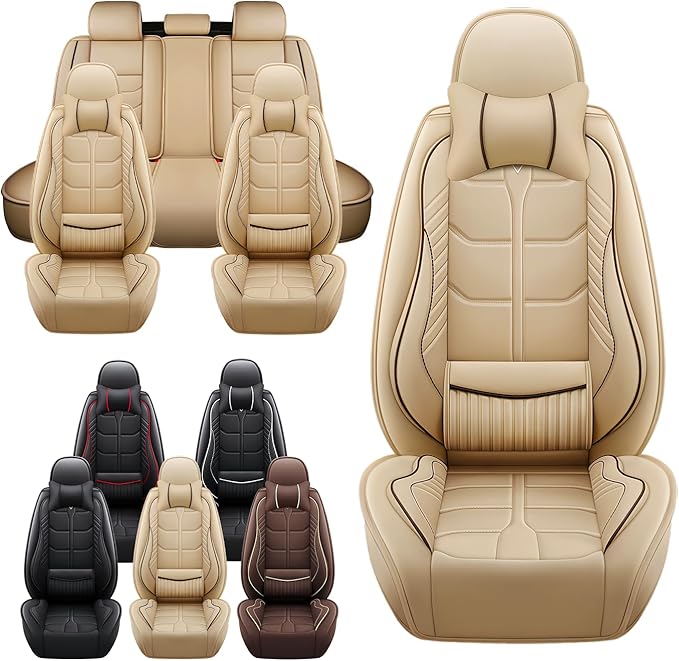 Leather Car Seat Covers Fit for Toyota RAV4 Hybrid 2016-2024, 5 Seater Car Seat Cover, Premium Waterproof, Scratch Resistant Car Interior Accessories (Full Set with Pillow Beige)