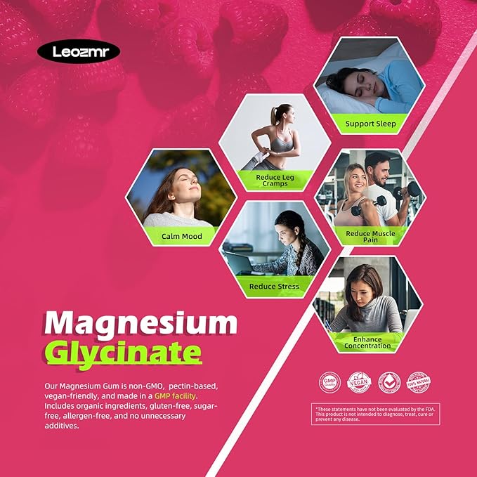 Magnesium Glycinate Gummies 1000mg - Sugar Free Magnesium Potassium Supplement with Vitamin D, B6, CoQ10 for Calm Mood & Sleep Support - 120Raspberry Gummies