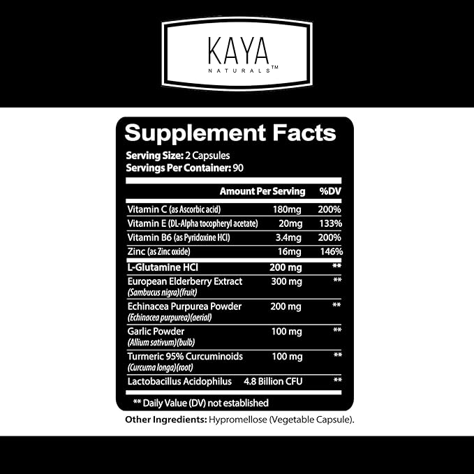 Kaya Naturals Elderberry Immune Support with Zinc and Vitamin C for Adults, Probiotics & Turmeric 1000mg Immune System Booster Sambucus Elderberry Capsules - 180 Count