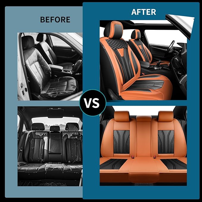 Fit Versa Car Seat Covers Compatible with Nissan Versa 2008-2025 2026 - Premium Leather， Waterproof Breathable， All-Weather Seat Cushion Protecto&Airbag Compatible (2 Front Seat Orange&Black)