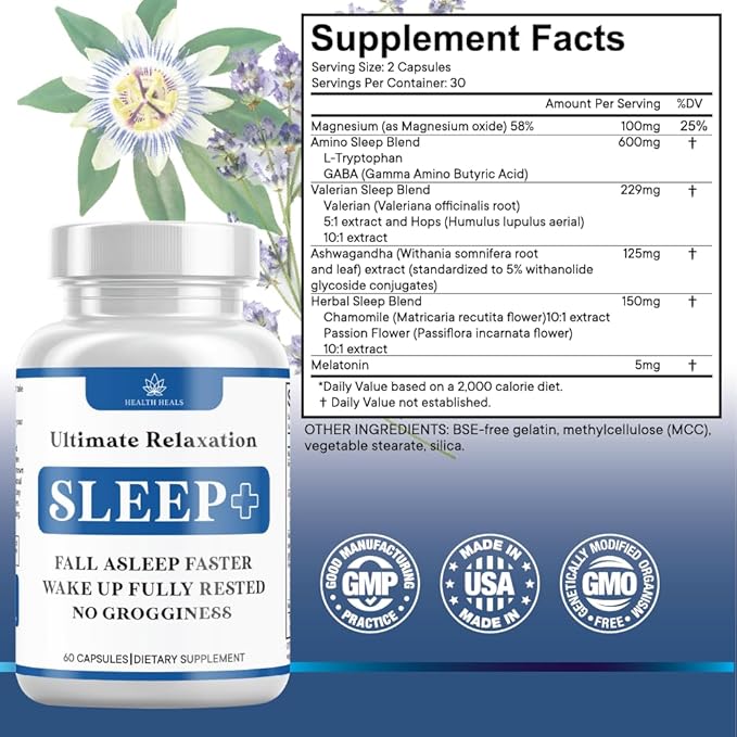 Relaxation Sleep Aid, Natural Non-Habit Forming, Sleep Supplement Developed to Support for Longer & Better Sleep, Chamomile, Magnesium, Melatonin, Ashwagandha, GABA, Drug-Free (120 Count)