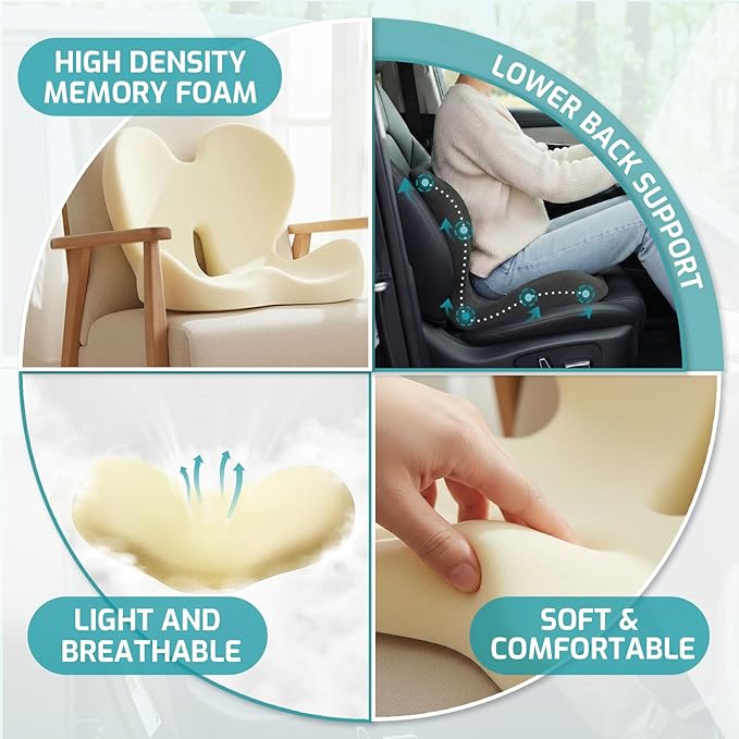 Trucker Seat Cushion, Car Seat Cushions with Lumbar Support Pillow, Ergonomic L-Shaped Orthopedic Memory Foam Pad for Long Driving Back Pain Sciatica Relief, Drivers Office Workers (Black+Mesh Cloth)