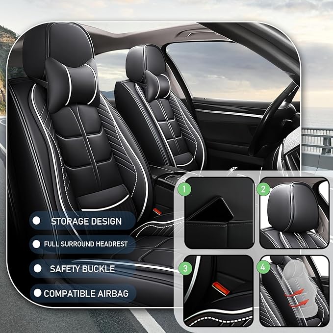 Leather Car Seat Covers Fit for Toyota Mirai 2016-2024, 5 Seater Car Seat Cover, Premium Waterproof, Scratch Resistant Car Interior Accessories (Full Set with Pillow Black White)