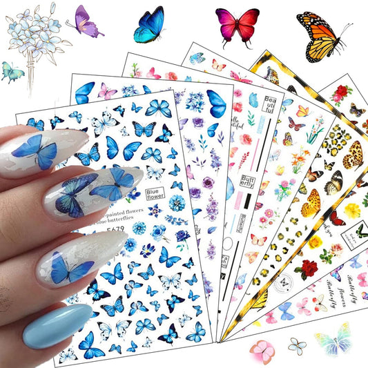 Butterfly Nail Art Stickers, 3D Self-Adhesive Nail Decals Colorful Butterflies Spring Flowers Nail Designs For Acrylic Nails Sup