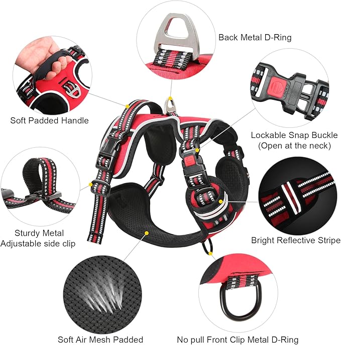 Timos Dog Harness Large Sized, No Pull with Neck Lockable Snap,No Choke Front Clip Dog Reflective Harness,Adjustable Metal Rings 3 Buckles,Easy Control Handle for Large Dogs Red L