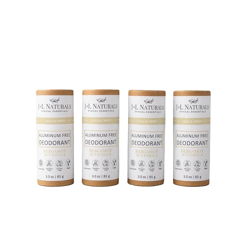 J&L Naturals Aluminum Free Deodorant for Men & Women | 100% Natural Ingredients With Coconut Oil, Shea Butter, & Essential Oils | Sustainable, Eco-Friendly (Bergamot & Vanilla, 3.0 Oz (Pack of 4))
