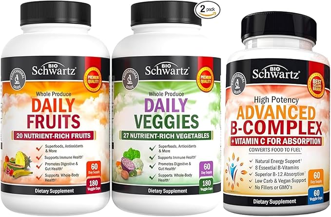 BioSchwartz Daily Fruits and Veggies Supplement for Women and Men (2 Month Supply) Plus Vitamin B Complex with Vitamin C (2 Month Supply)