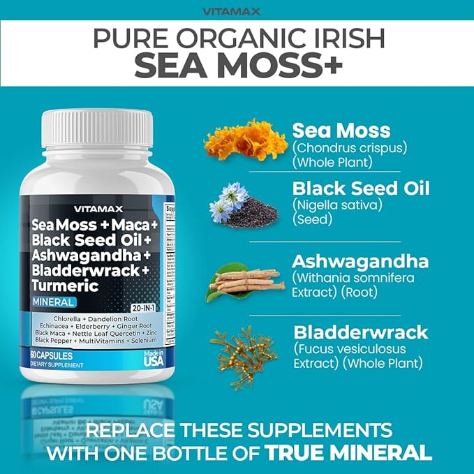 Pure Himalayan Shilajit Supplement, Sea Moss, Ashwagandha, Bladderwrack, Gingko Biloba, Organic Capsules & Trace Mineral for - Non-GMO - Vegan - Men and Women – Made in USA