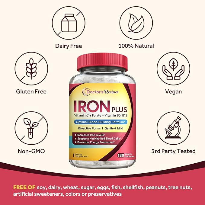 Doctor's Recipes Iron Supplement for Women Men - Gentle Iron Bisglycinate with Vitamin C, B6, Folate & B12 - Non-Constipating & Stomach Friendly Iron Pills for Blood & Energy Support, 180 Vegan Caps