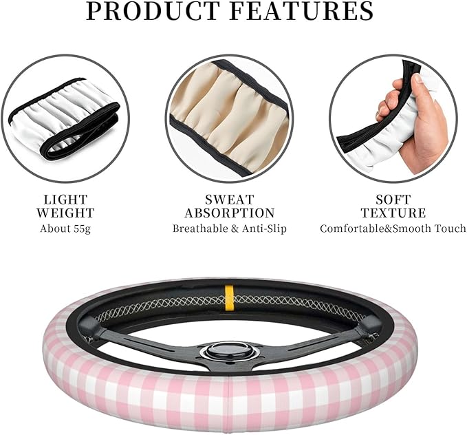 Thickened Elastic Steering Wheel Cover, Girly Pastel Pink Gingham Plaid Ultra, Soft, Breathable, Fit for Cars, SUVs, Trucks, Stylish Comfortable Grip