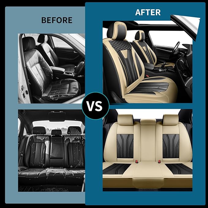 Fit Murano Car Seat Covers Compatible with Nissan Murano 2004-2025 2026 - Full Set Premium Leather， Waterproof Breathable， All-Weather Seat Cushion Protecto&Airbag Compatible （Beige & Black
