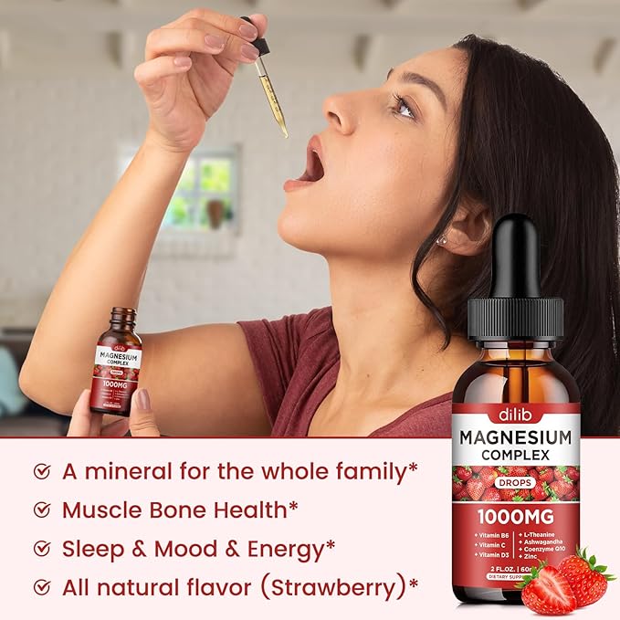 Triple Magnesium Complex Supplement, Magnesium Glycinate, Blend, Citrate Liquid Drops 1000mg with Ashwagandha, CoQ10, Vitamin B6, C, D, Zinc -Support Calm Stress Relief, Bone, Muscle, Mood 2 Pack