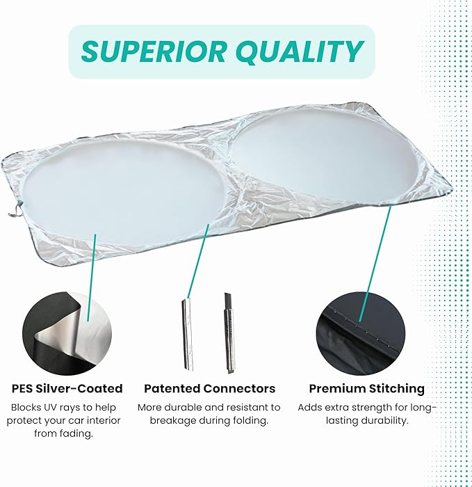 Windshield Sun Shade -Certified 99.87% UVB & 99.02% UVA Car Sun Shade. Award Winning Sunshade - Patented Technology | Compatible for Ford F-150 (2021-2026) | Car Shades by Kinder Fluff