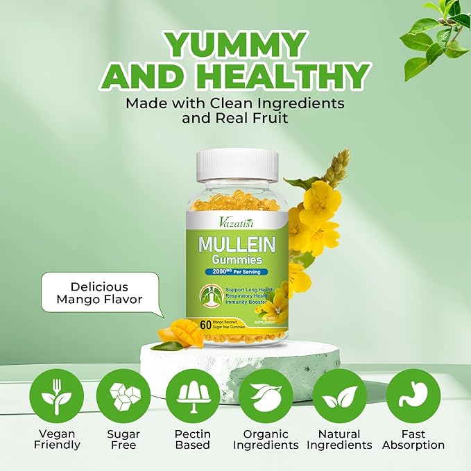Mullein Gummies, Mullein Leaf Extract with Bromelain, Quercetin, Pine Bark Support Lung Cleanse for Healthy Breathing, 60ct