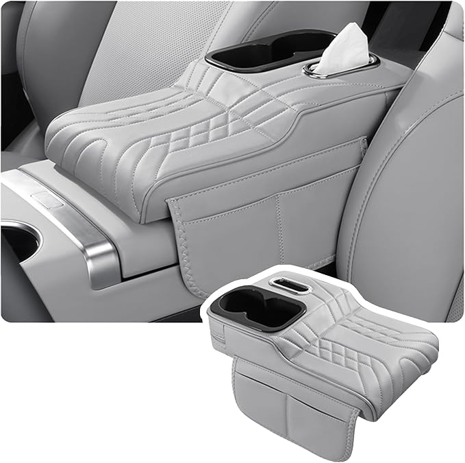 Car Armrest Storage Box for Cadillac XT4 2018–2025 2020 2021 2022 2023 2024, Sport-Style Center Console Organizer with Side Pocket, PU Leather Armrest Cushion, Elbow Support Pad,C Grey
