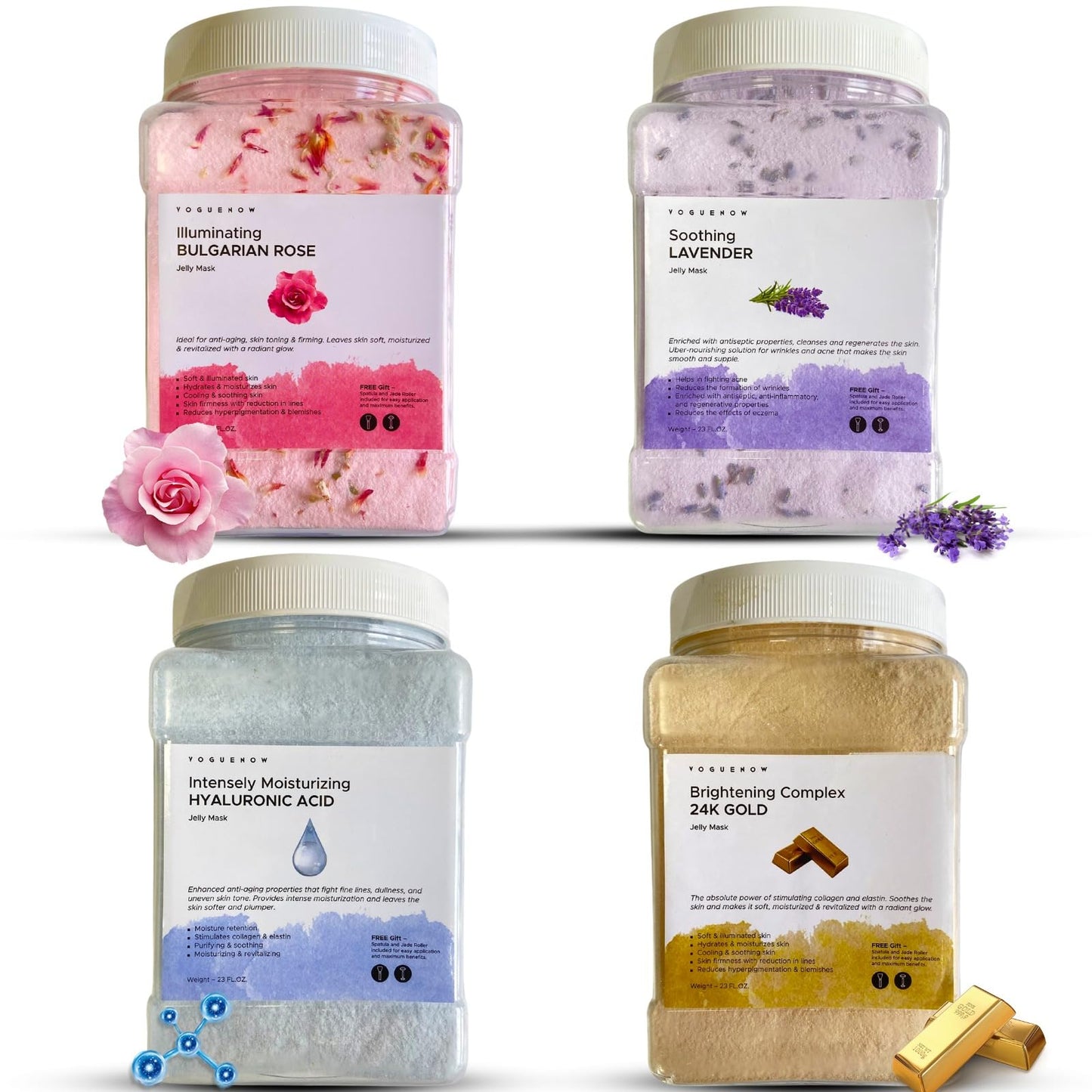 Voguenow Premium Jelly Face Mask For Facials - Bulgarian Rose, 24K Gold, Lavender & Hyaluronic Acid (Pack Of 4) - Hydrating, Bri