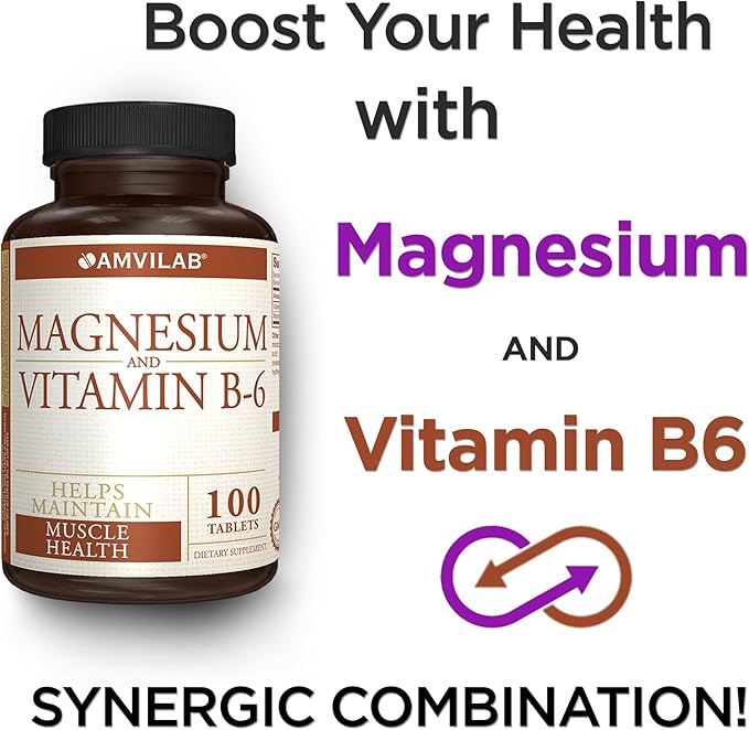 Magnesium & Vitamin B6 - Helps Maintain Muscle Health - Supports Brain Health & Nerve Function - Helps Daily Vitality & Sleep Quality - Recovery Boost - Dietary Supplement - 100 Tablets