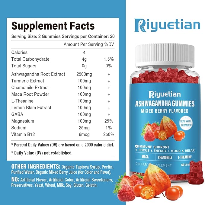Ashwagandha Gummies for Women & Men - Stress Relief, Immune Support & Increased Energy - Sugar Free, Vegan - Organic Ashwagandha Root Supplements Gummy- Natural Strawberry Flavor (60 Count)