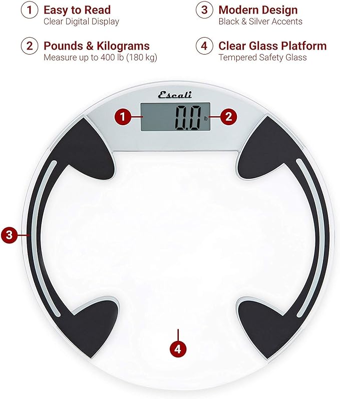Escali Digital Glass Bath Scale for Body Weight, Bathroom Body Scale, High Capacity of 400 lb, Battery Included, Clear Round Platform