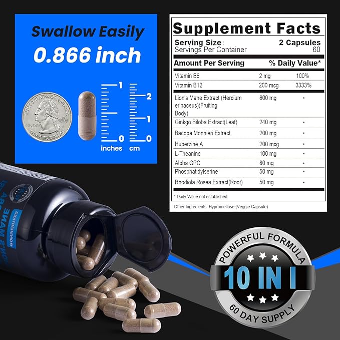 Lion's Mane Supplement Capsules ＆ Bacopa Monnieri-120 Capsules Lion's Mane Mushroom Blend, 10 in 1 for Enhanced Memory, Focus, and Brain Support