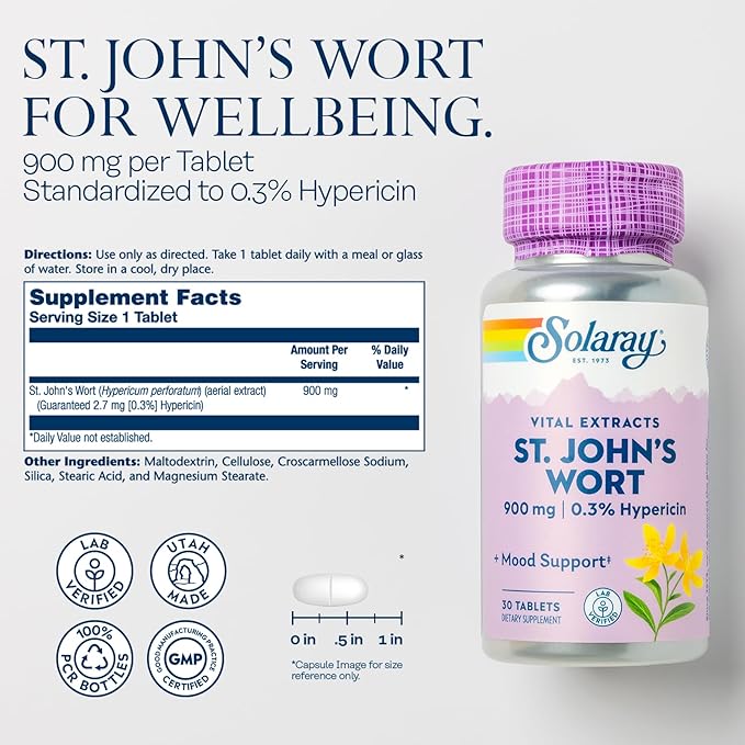 SOLARAY St John's Wort 900 mg, Once Daily Mood Support Supplement, Standardized to 0.3% Hypericin for Brain Health Support and a Balanced Mood, 60-Day Money Back Guarantee | 30 Servings | 30 Tablets