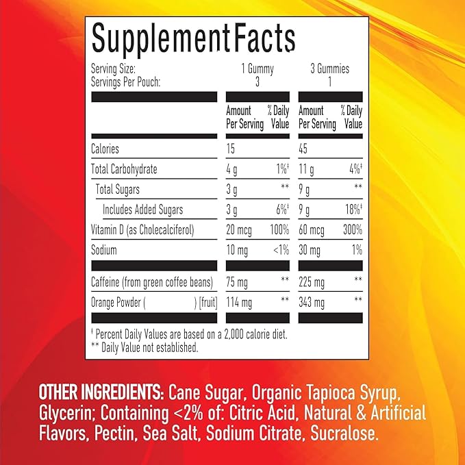 Energy Gummies, 2475mg of Plant-Based Caffeine Chews per Bottle, Long Lasting Energy Boosters, Valencia Orange (33ct)